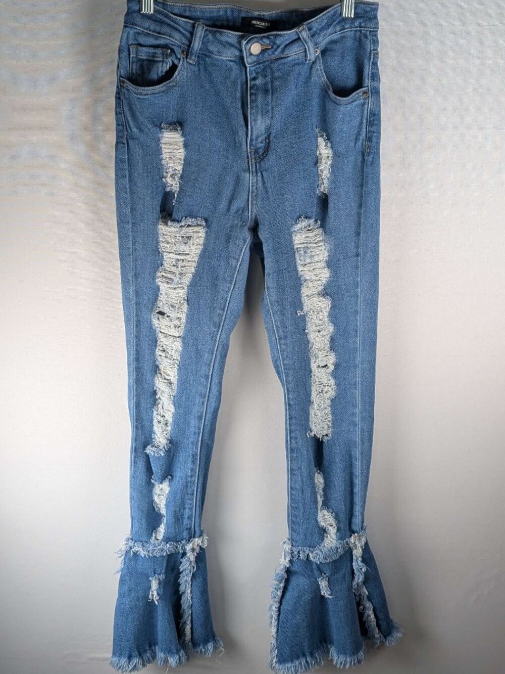 American Bazi Heavy Shredding Distressed Frayed Bell Bottom Jeans  Sz M Boho